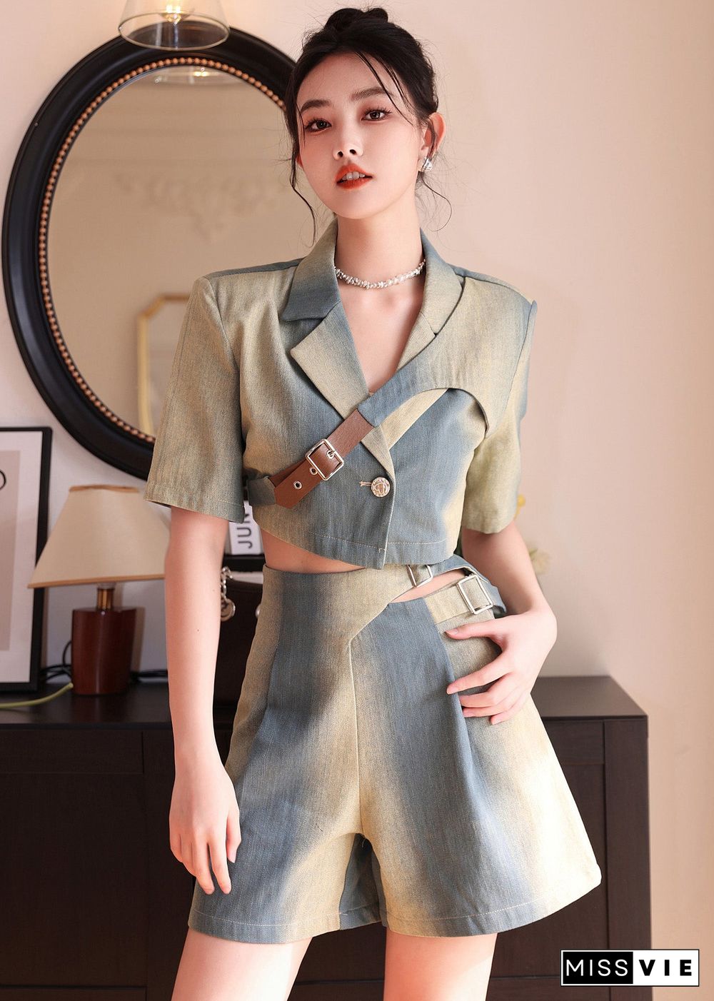 Natural Gradient Color Asymmetrical Denim Tops And Shorts 2 Piece Outfit Summer