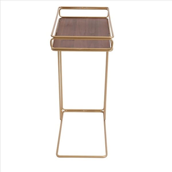 C Shaped Side Table with Metal Frame， Brown and Gold - Brown and Gold - 9.85 L x 16.15 W x 24.82 H Inches