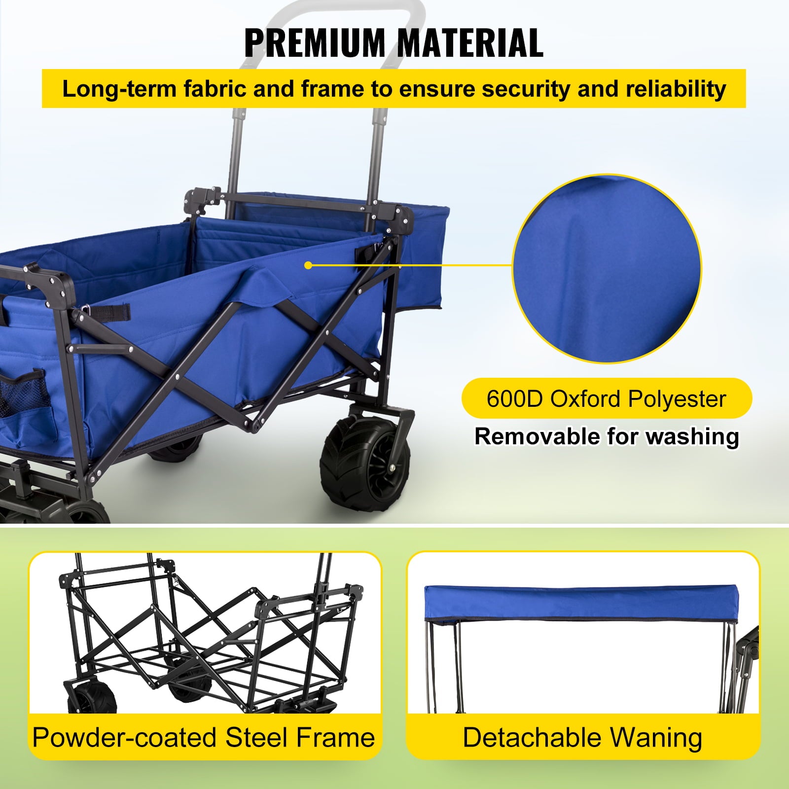 VEVORbrand Collapsible Wagon Cart Blue, Foldable Wagon Cart Removable Canopy 600D Oxford Cloth, Collapsible Wagon Oversized Wheels, Portable Folding Wagon Adjustable Handles, Beach, Garden, Sports