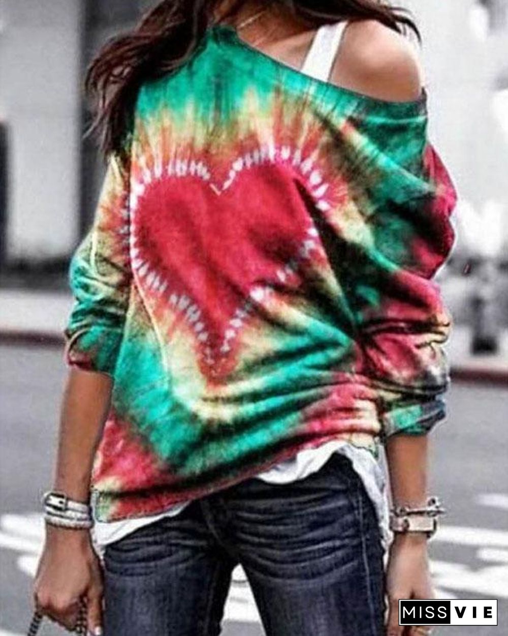 Gradient Heart Swirl Print Paneled Crew Neck Casual T-shirt