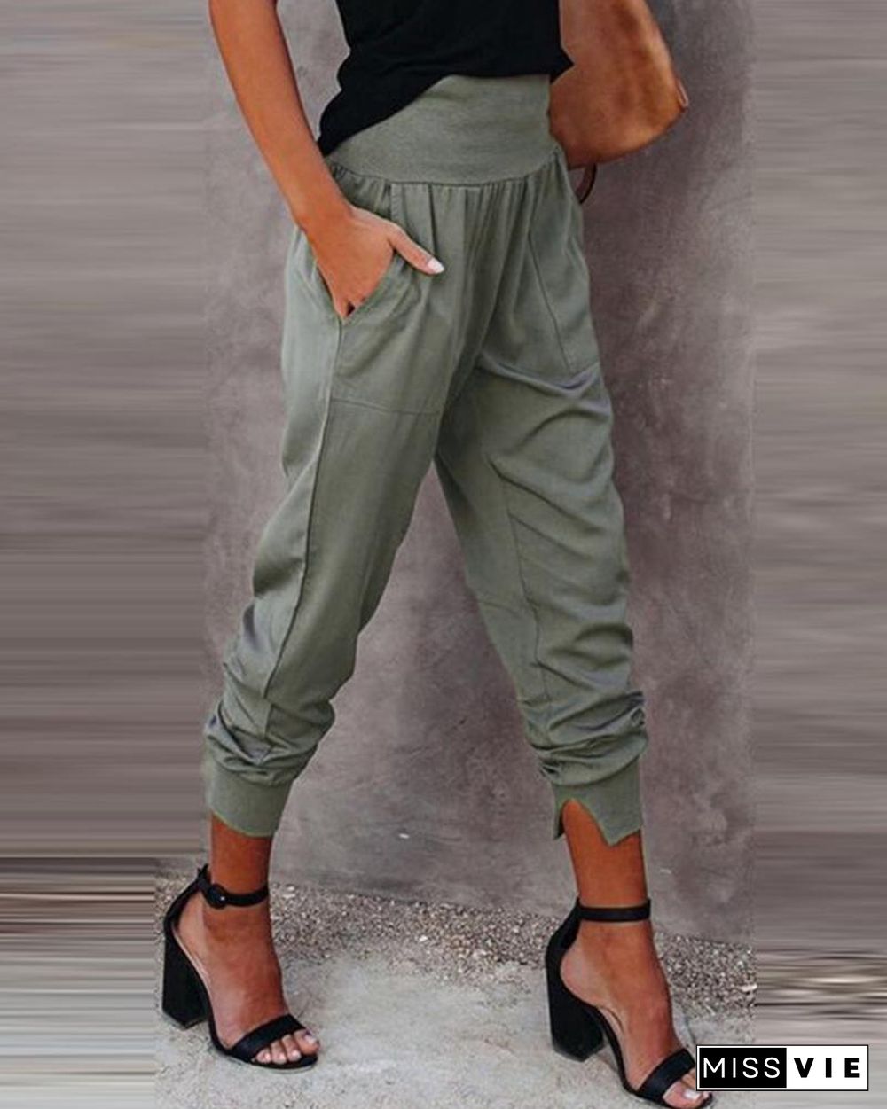 High Waist Pocket Design Casual Pants