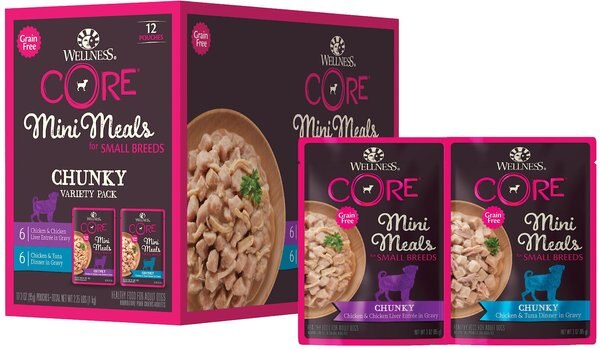 Wellness CORE Mini Meals Chicken and Chicken Liver， Chicken and Tuna Variety Pack Dog Food Pouches