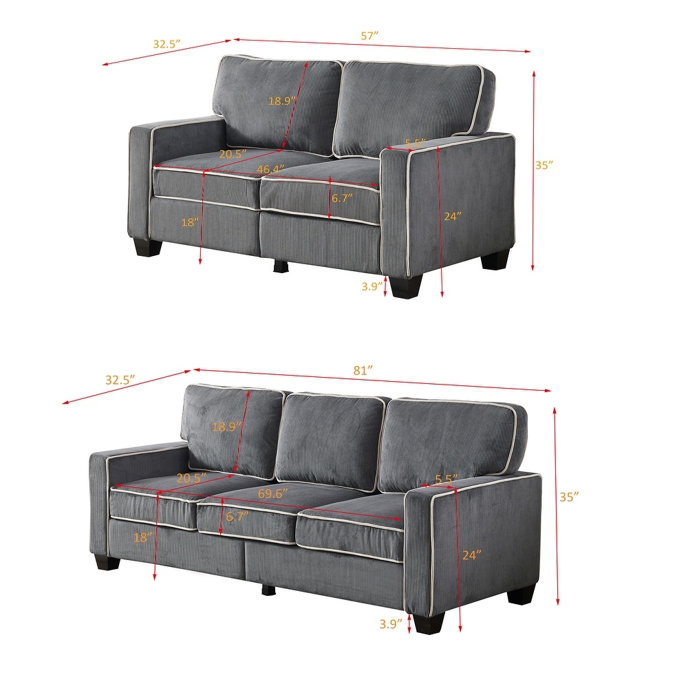 2pc Corduroy Velvet Straight Row Sofa Set w/ Storage Boxes  Dark Grey