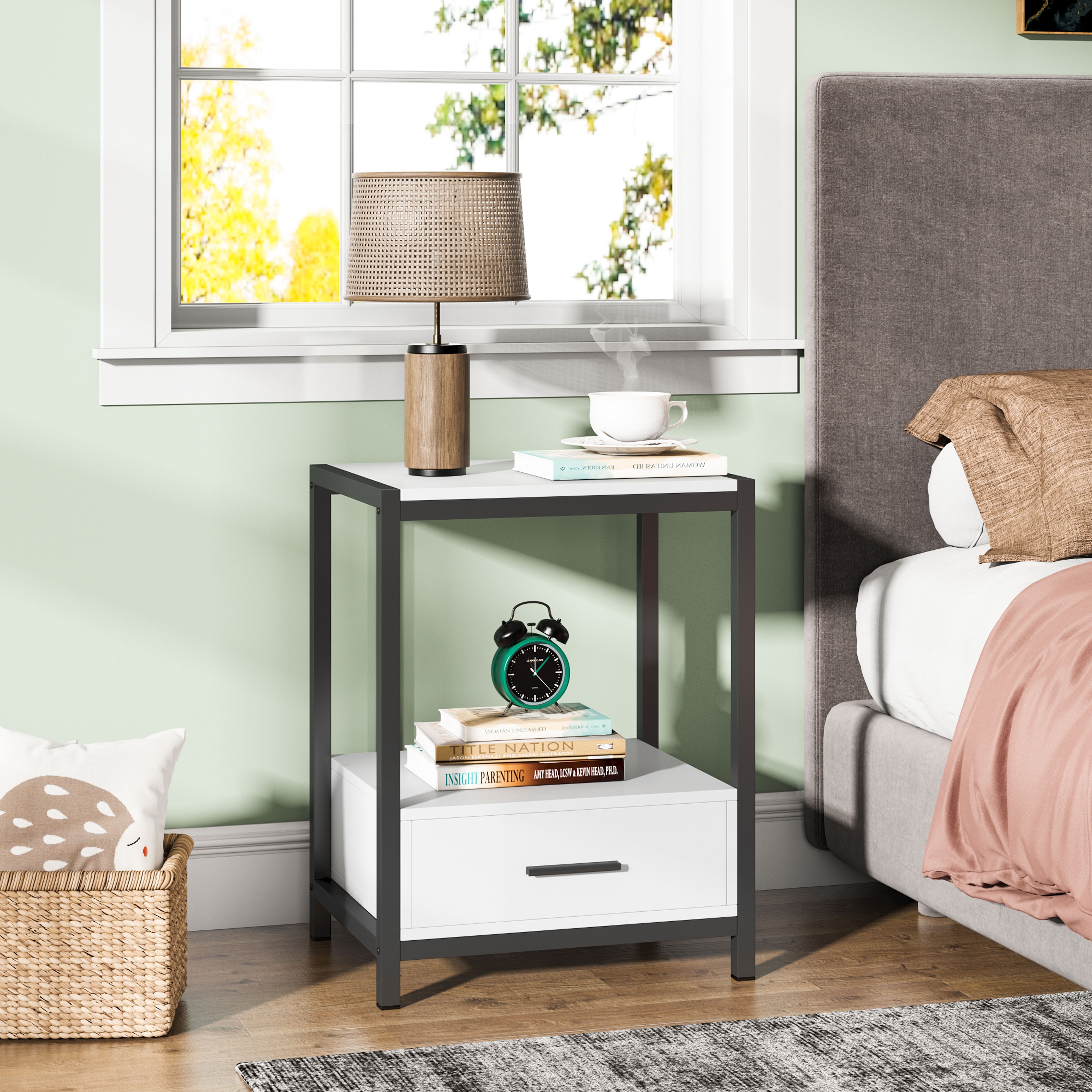 White and Gold Nightstand with Drawer and Storage Shelves