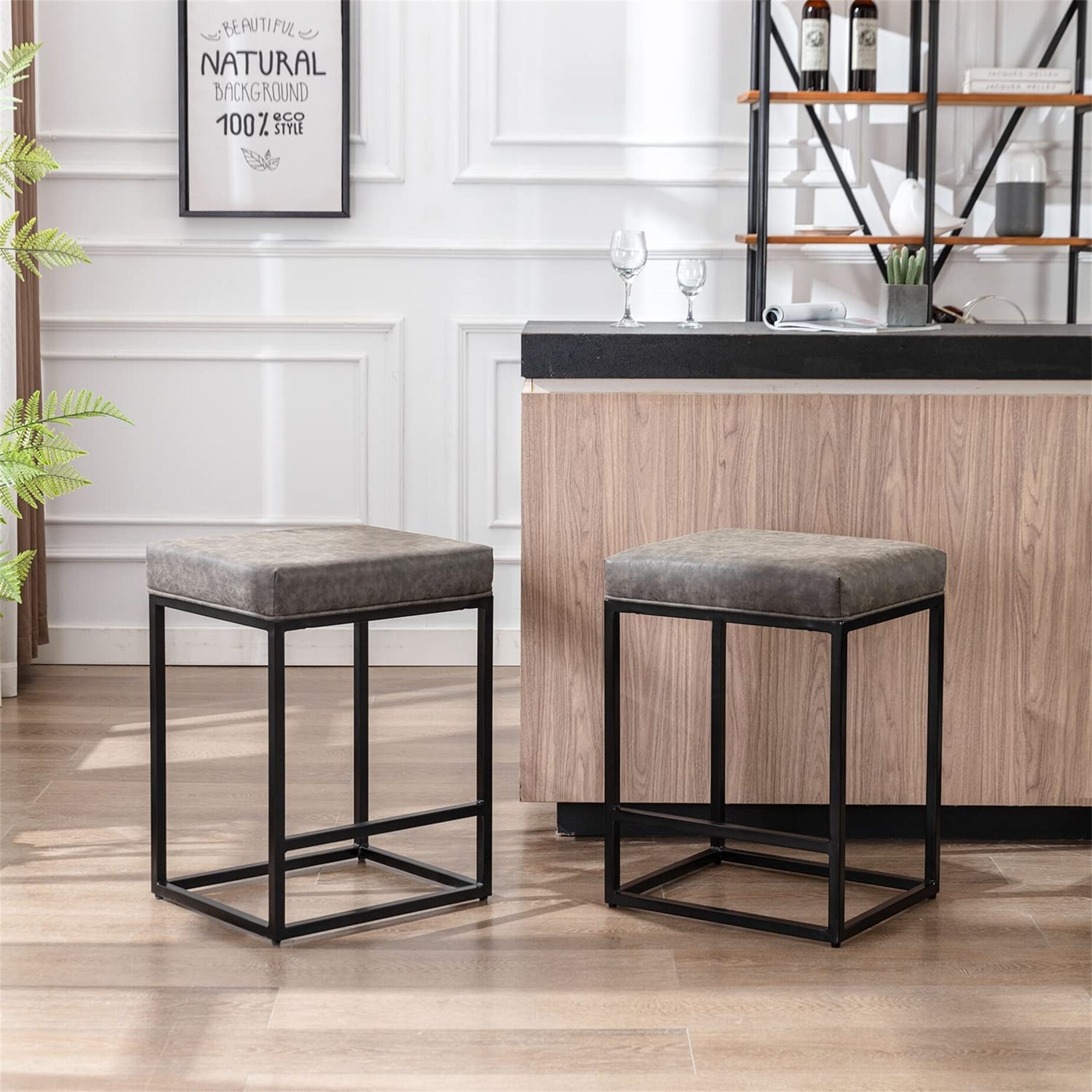 Industrial Faux Leather Backless Barstools (Set of 3)