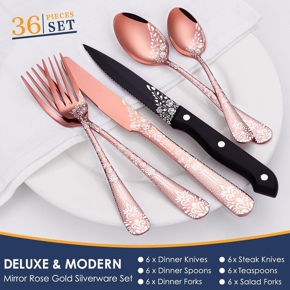 36 Piece Flatware Set with Unique Floral Laser