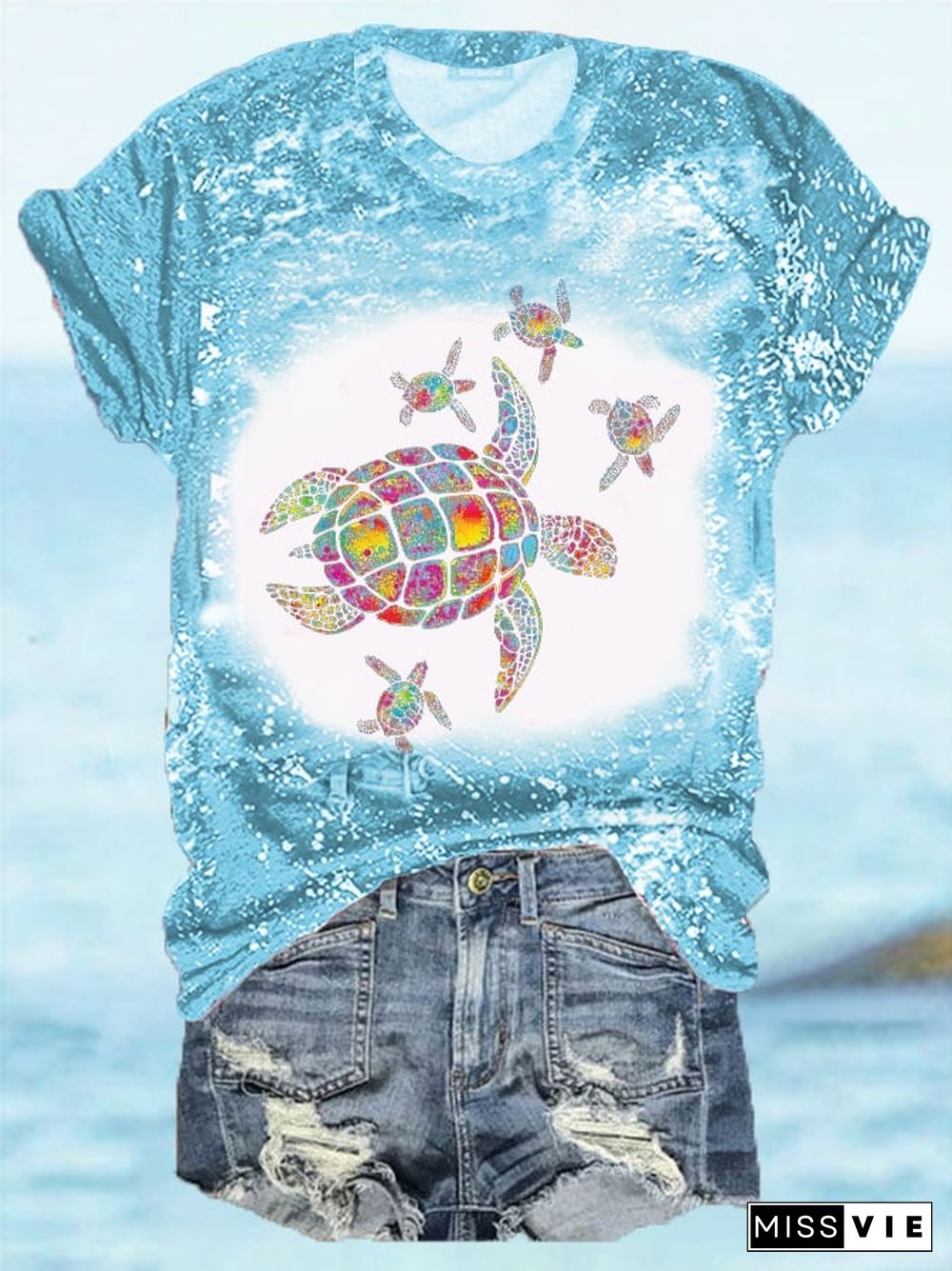 Sea Turtle Bleach Print Crew Neck Tee