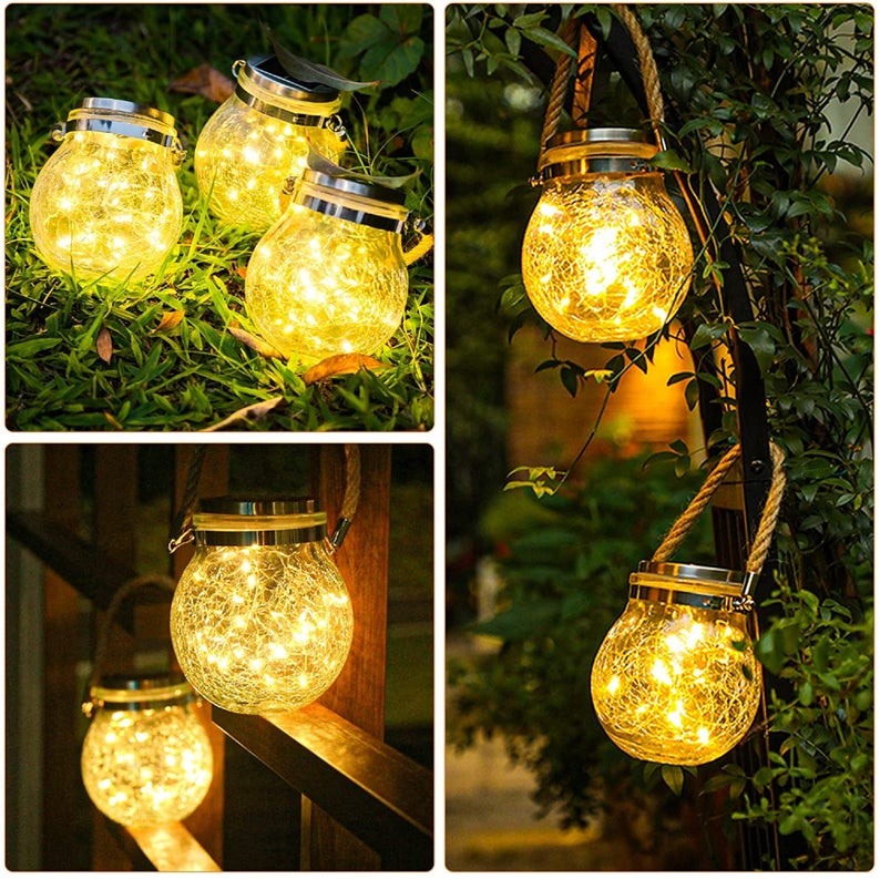 EpicGadget Solar Lantern Outdoor Hanging Solar Light LED Mason Jar Light Waterproof Solar Table Lamp Crack Glass Garden Globe Light for Patio Yard Party Wedding Christmas Outdoor Decoration (4 Pieces)