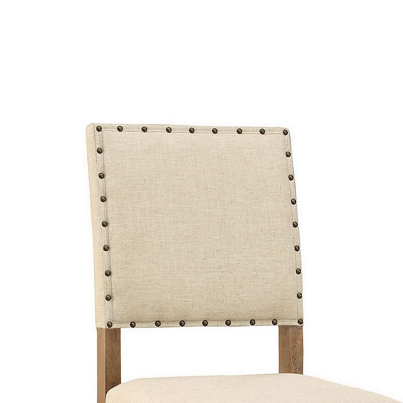 Counter Height Chair， Beige Fabric， Nailhead Trim， Set of 2， Brown Wood Legs