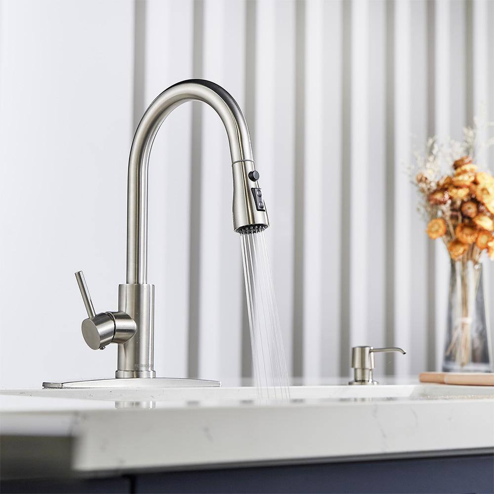 FORIOUS Single-Handle Kitchen Faucet with Pull Down Sprayer High-Arc Kitchen Sink Faucet with Deck Plate in Brushed Nickel HH0023C