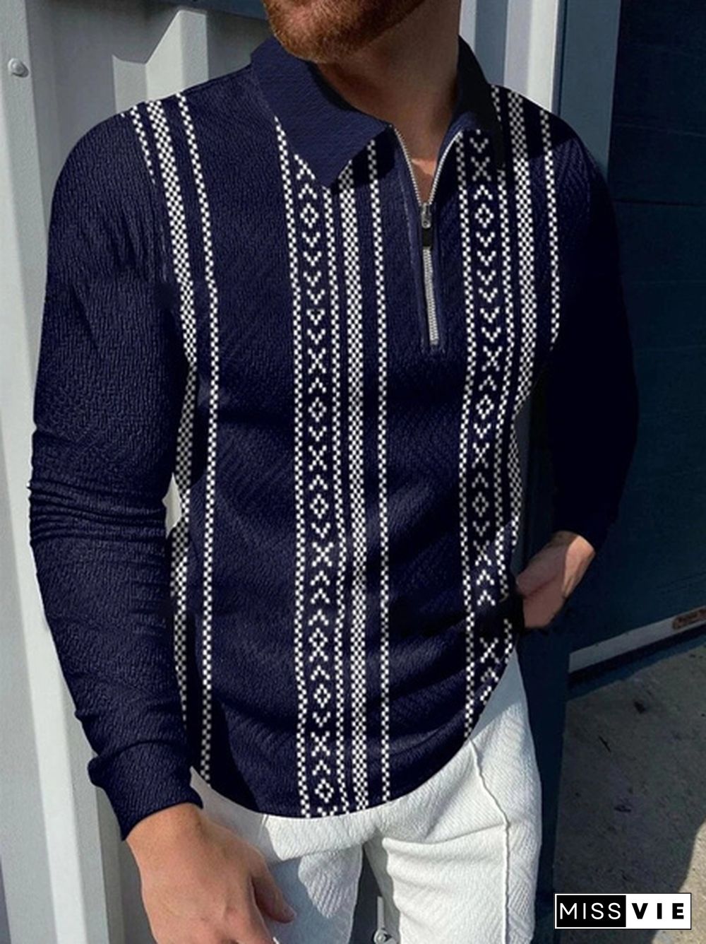 Fashion Men's Lapel Polo Shirt Striped Print T-shirt Casual Zip Long Sleeve T-Shirt