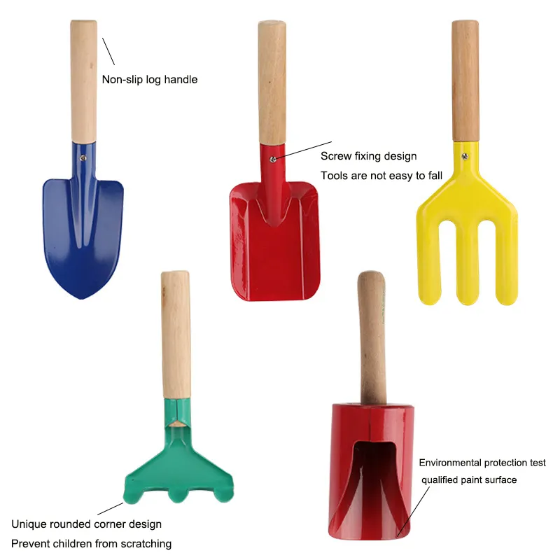 Top Quality Customized Colorful 5PCS Mini Chidren Garden Tool Set with Wood Handle for kids Rake Shovel