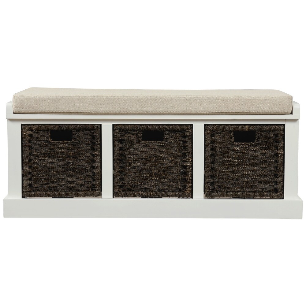 Storage Bench Wicker Footstool Bench with 3 Woven Baskets and Removable Cushion  Wood Entryway Shoe Bench for Entryway  White