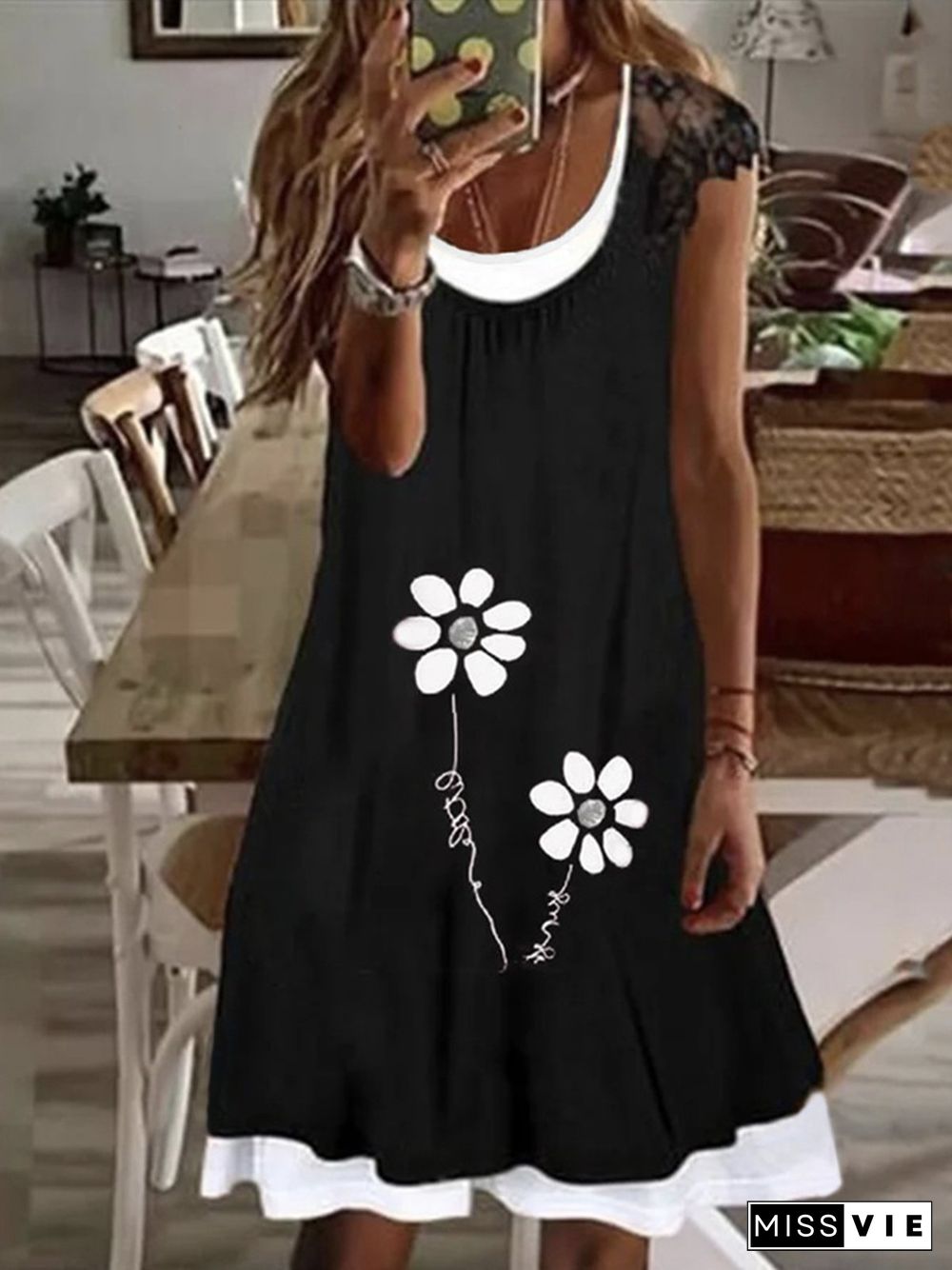 Casual Floral Loosen A-line Short Sleeve Knit Dress