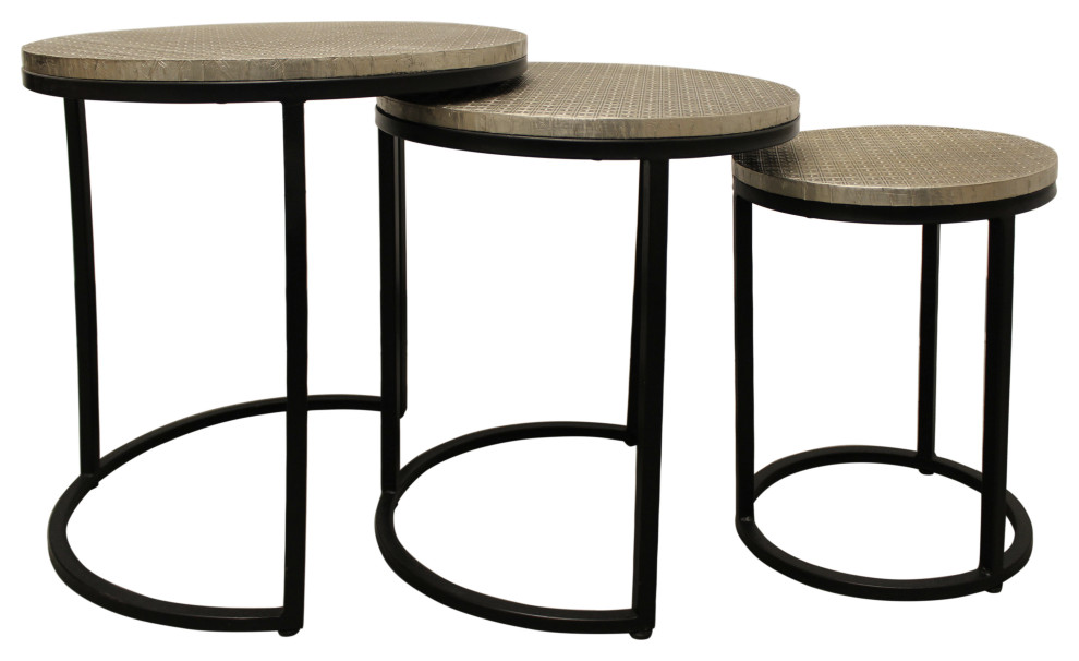 Meenal Metal Cladded Top Round Nesting Table  Silver   Industrial   Coffee Table Sets   by Moti  Houzz