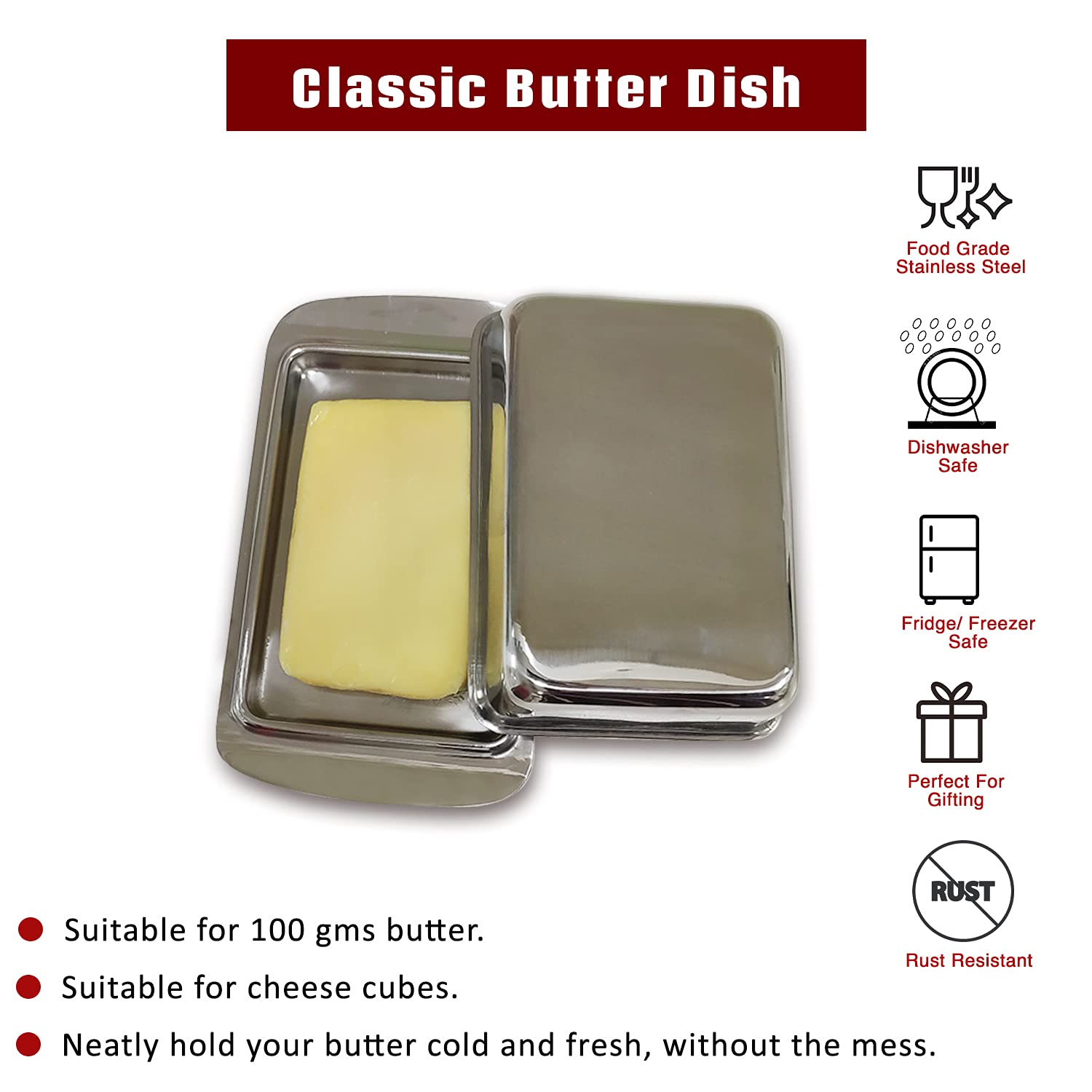 diollo Stainless Steel Classic Covered Butter Holder Dish with Lid