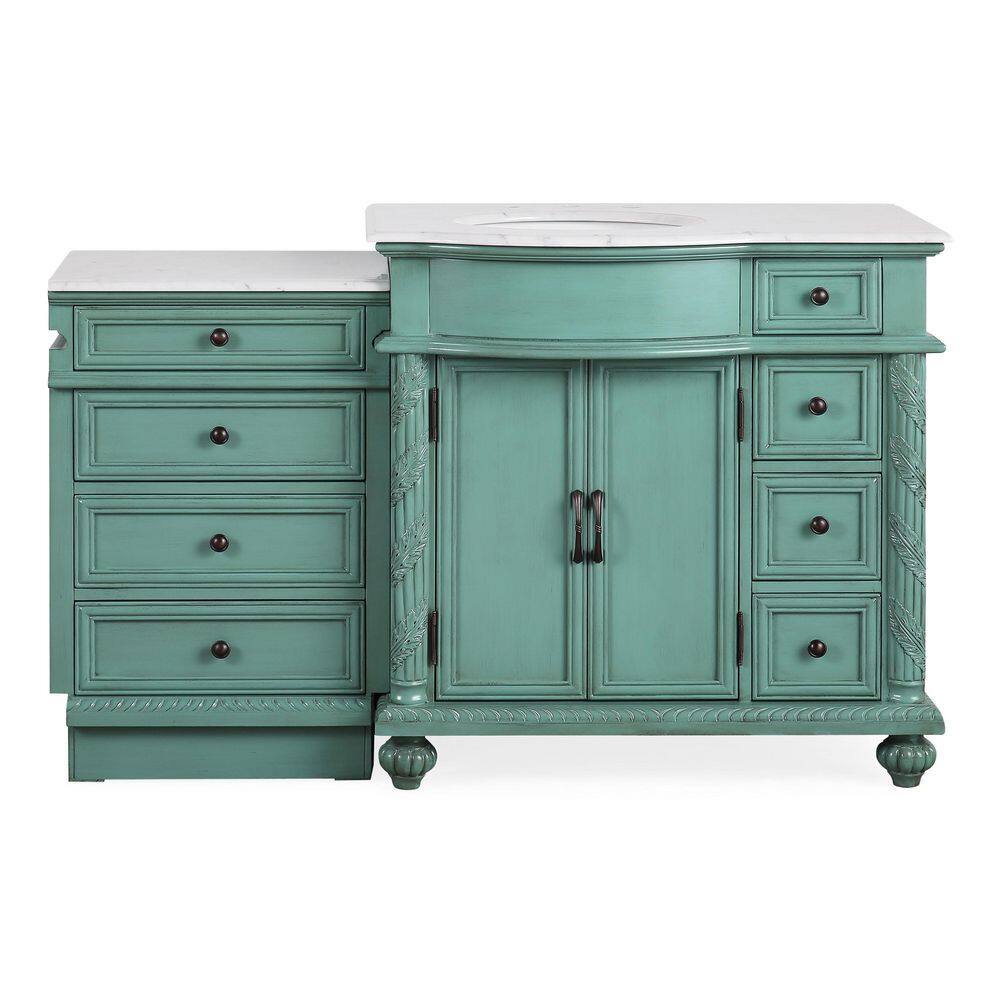 Silkroad Exclusive 55.5 in. W x 22 in. D x 36 in. H Freestanding Bath Vanity in Vintage Green with Carrara White Marble Top V0213NW56L