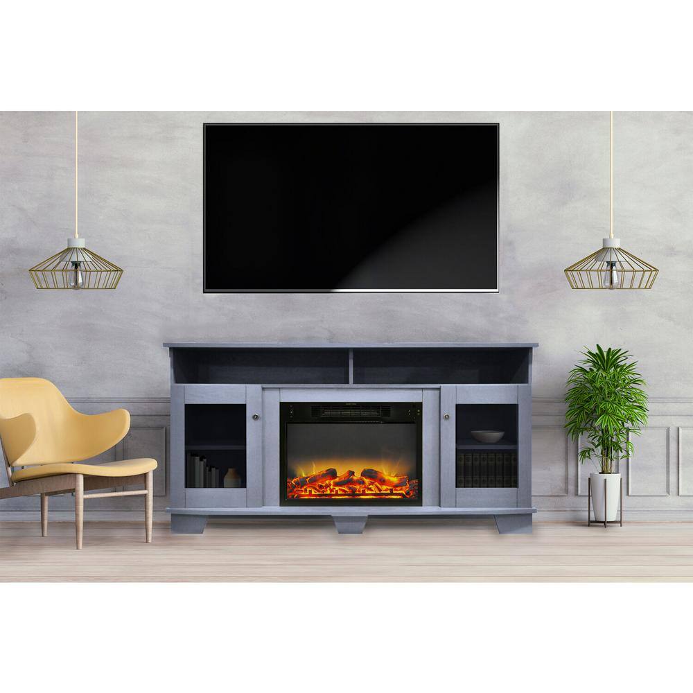 Hanover Glenwood 59.1 in. W Freestanding Electric Fireplace TV Stand in Slate Blue with Enhanced Log Display FS6022-1BSBL2