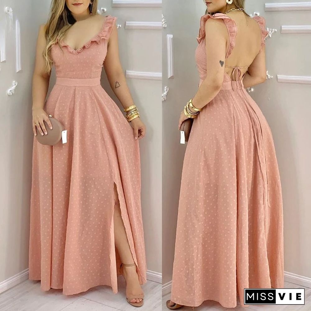 Sexy Open Back Summer Ladies Elegant Dress With Ruffled Hem Open Back Slit Long Skirt Mesh Dress