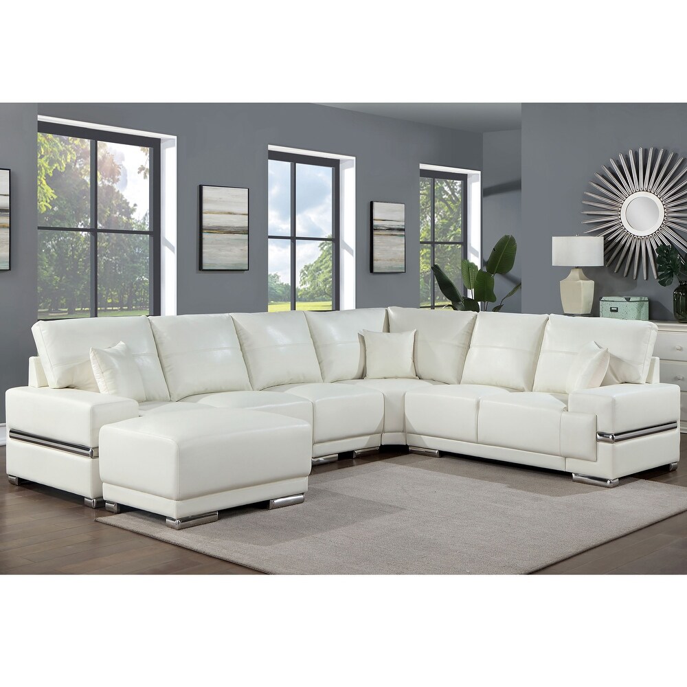 Leonara Contemporary White Faux Leather Large Sectional with Pillows by Furniture of America