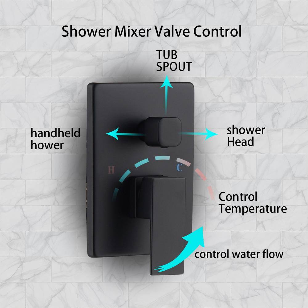 Magic Home 1-Spray Square Hand Shower and Showerhead from Wall Combo Kit with Slide Bar in Black (Valve Included) MH-KST-S310B