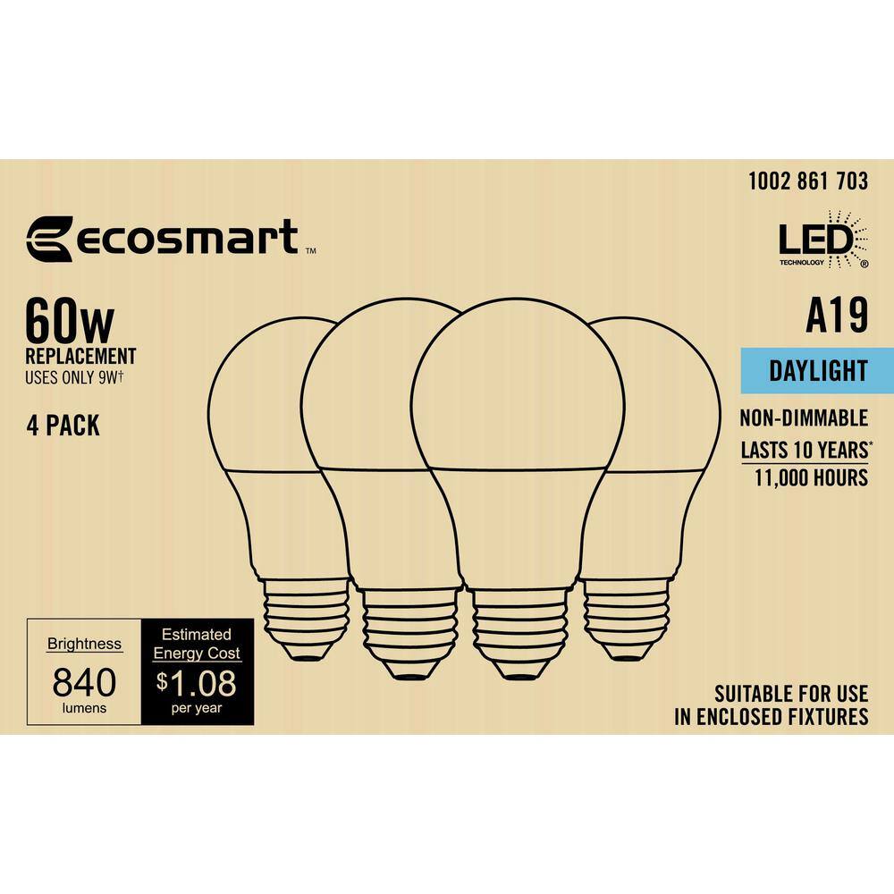 EcoSmart 60-Watt Equivalent A19 Non-Dimmable LED Light Bulb (5000K) Daylight (4-Pack) B7A19A60WUL34