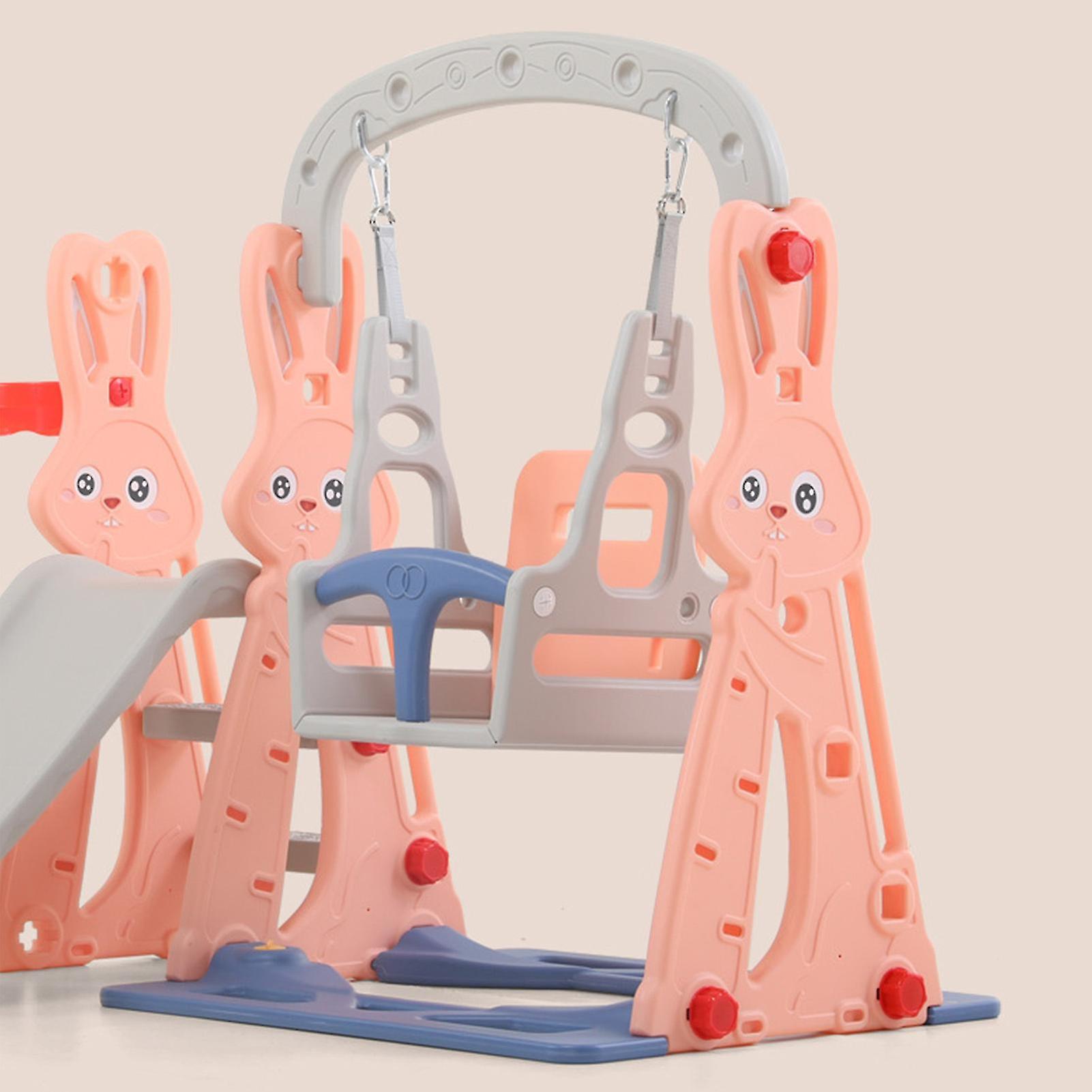 Baby Slide Swing Set Home Indoor Cute Rabbit Pattern Toddler Slide Playset with Basketball Hoop Flesh Pink