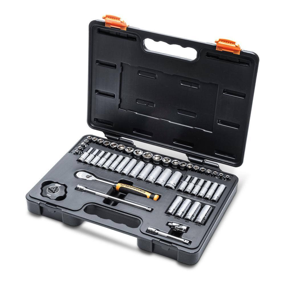 GEARWRENCH 14 in. 38 in. and 12 in. Drive 90-Tooth Standard and Deep SAEMM Ratchet and Socket Set (163-Piece) 8586789CB