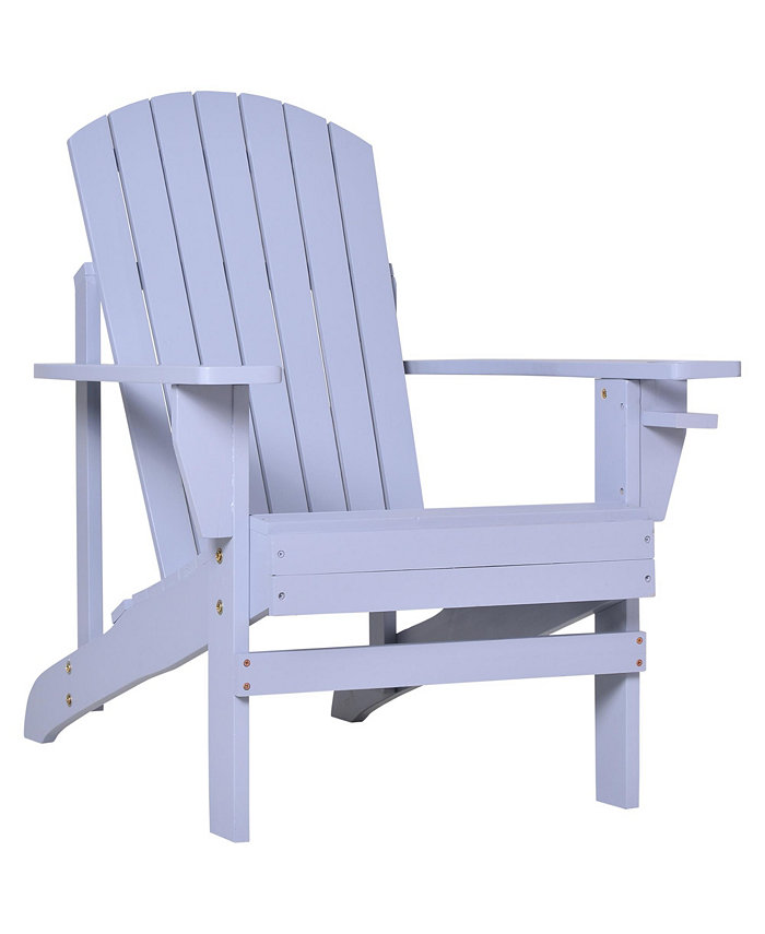 Outsunny Wooden Adirondack Chair Outdoor Patio Lawn Chair with Cup Holder Weather Resistant Lawn Furniture Classic Lounge for Deck Garden Backyard Fire Pit Grey