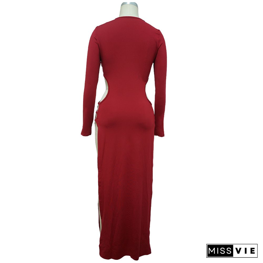 Long Sleeve O Neck Hollow Out Side Slit Dress