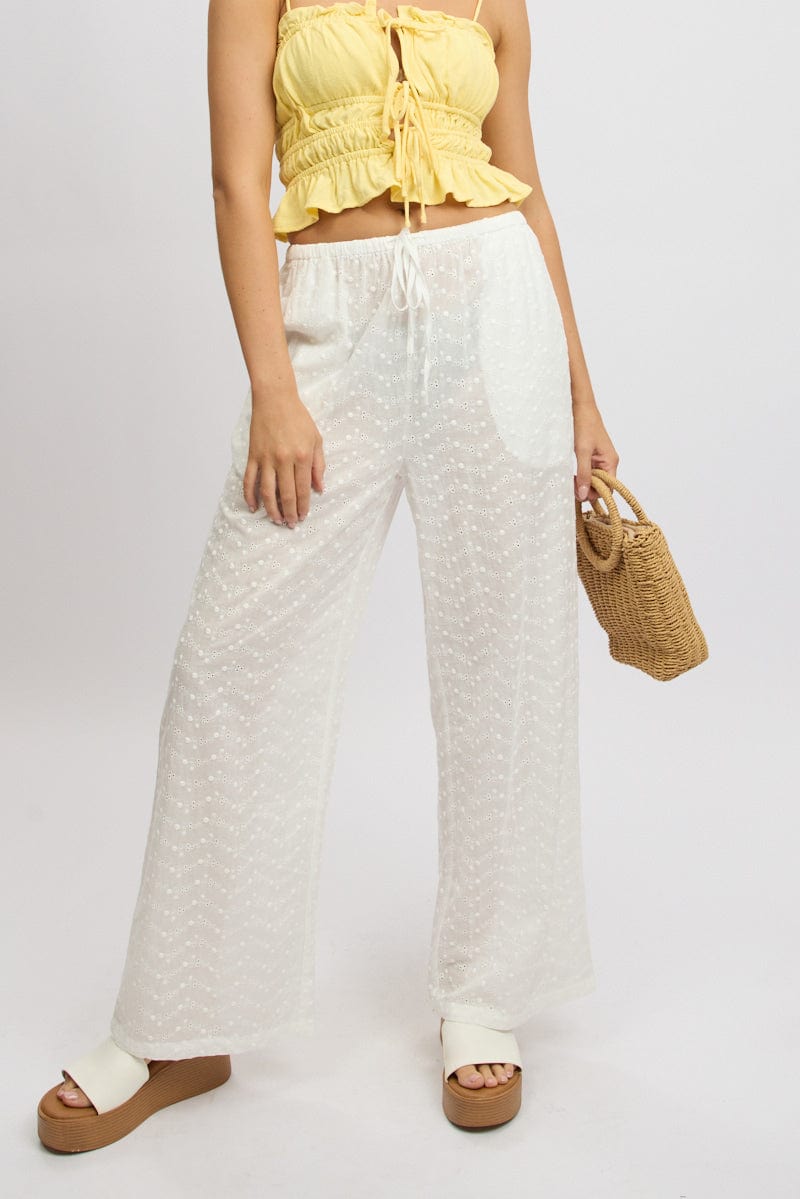 White Wide Leg Pants High Rise Eyelet Fabric