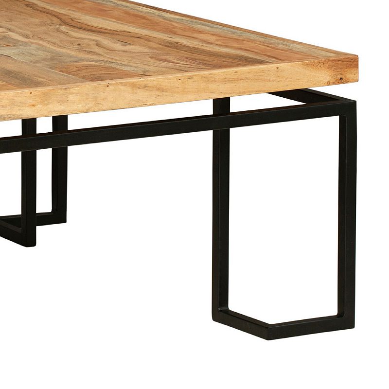 Square Coffee Table with Wooden Top and Geometric Frame， Brown and Black