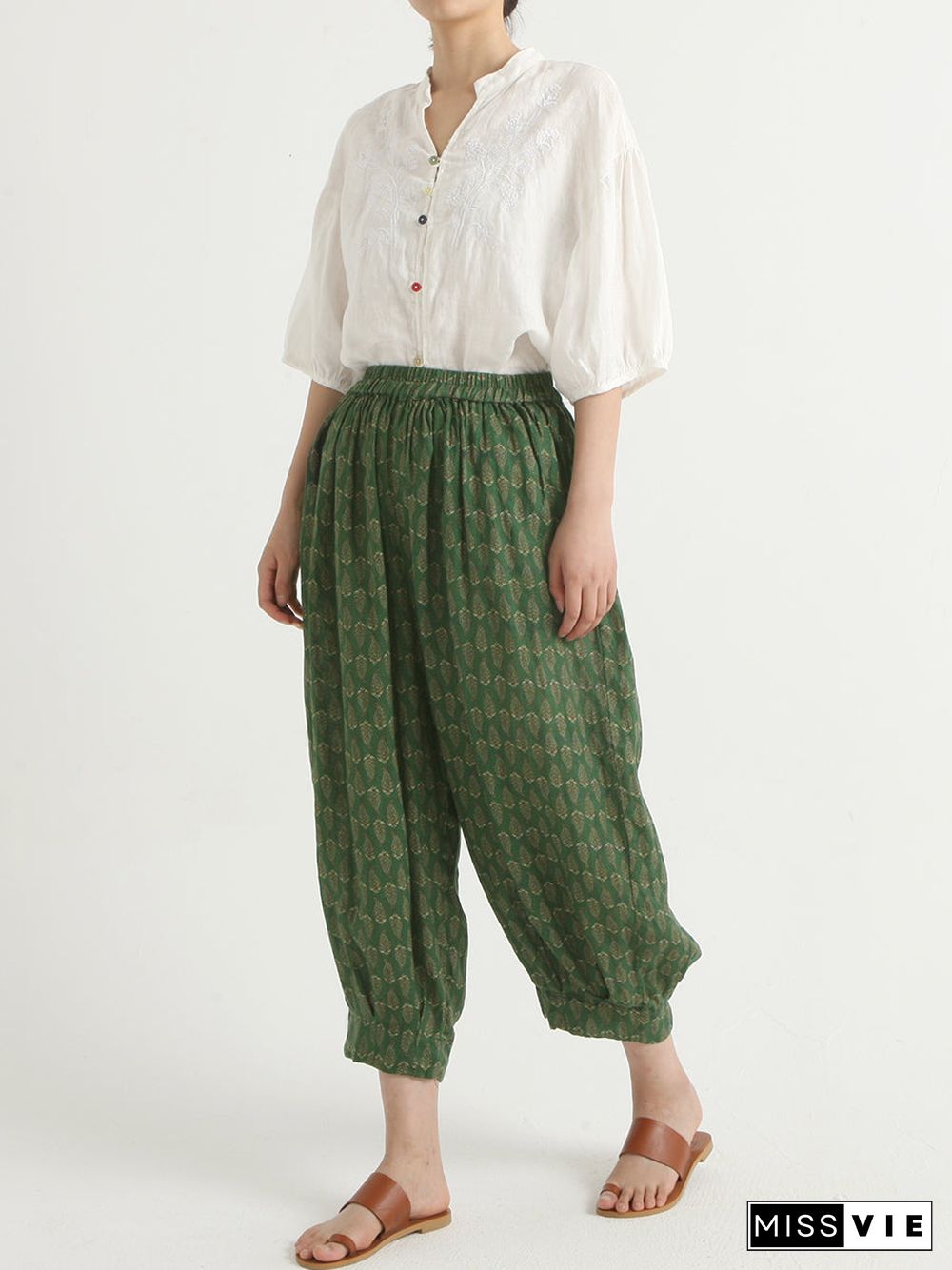 Linen Vintage Floral Women Loose Harem Pants