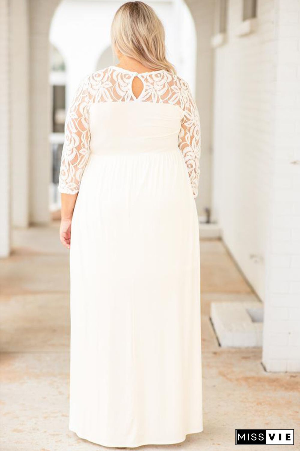 White Plus Size 3/4 Lace Sleeve Yoke Maxi Dress