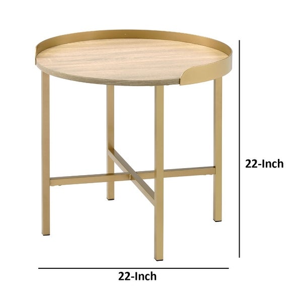 Kai 22 Inch Wood End Table， Round Tray Top， Metal Accent， Brown， Brass