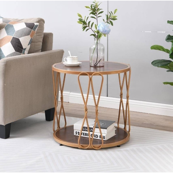 Round Wood Frame Side Table Coffee End Table Antique Black/Gold Living Room Bedroom