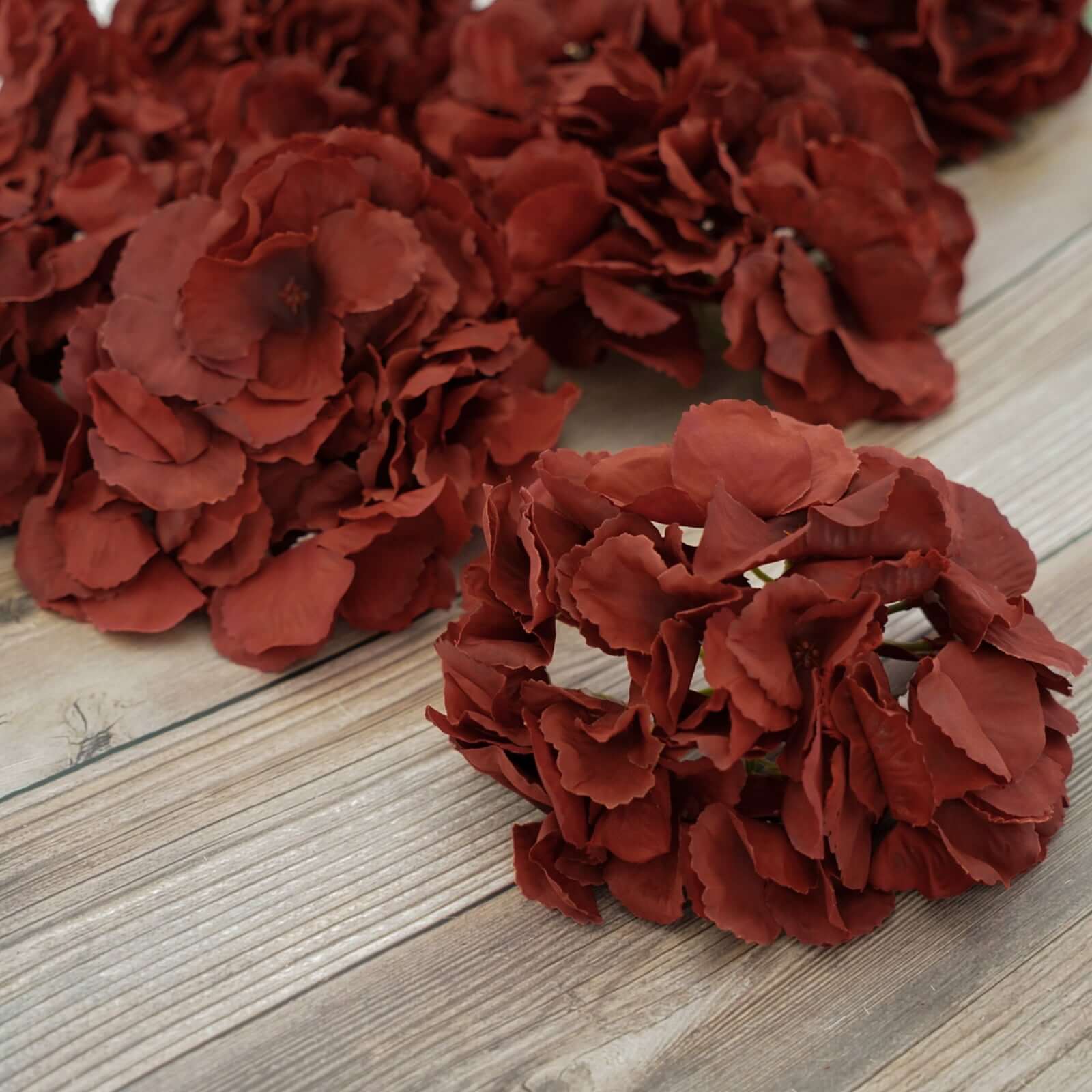 10 Flower Head and Stems Burgundy Artificial Satin Hydrangeas, DIY Arrangement