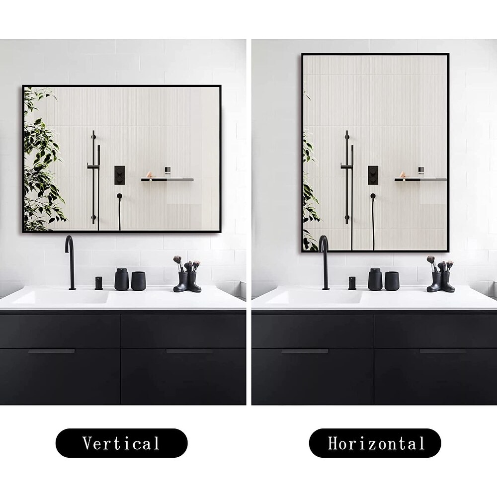 Inch Bathroom Wall Mirror for Vanity  Black Metal Frame Rectangular Mirror  Large Modern Round Corner Mirror