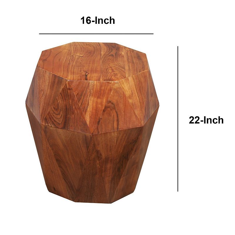 Bon 22 Inch Artisanal End Side Table， Multifaceted Solid Acacia Wood， Octagon Top， Warm Brown