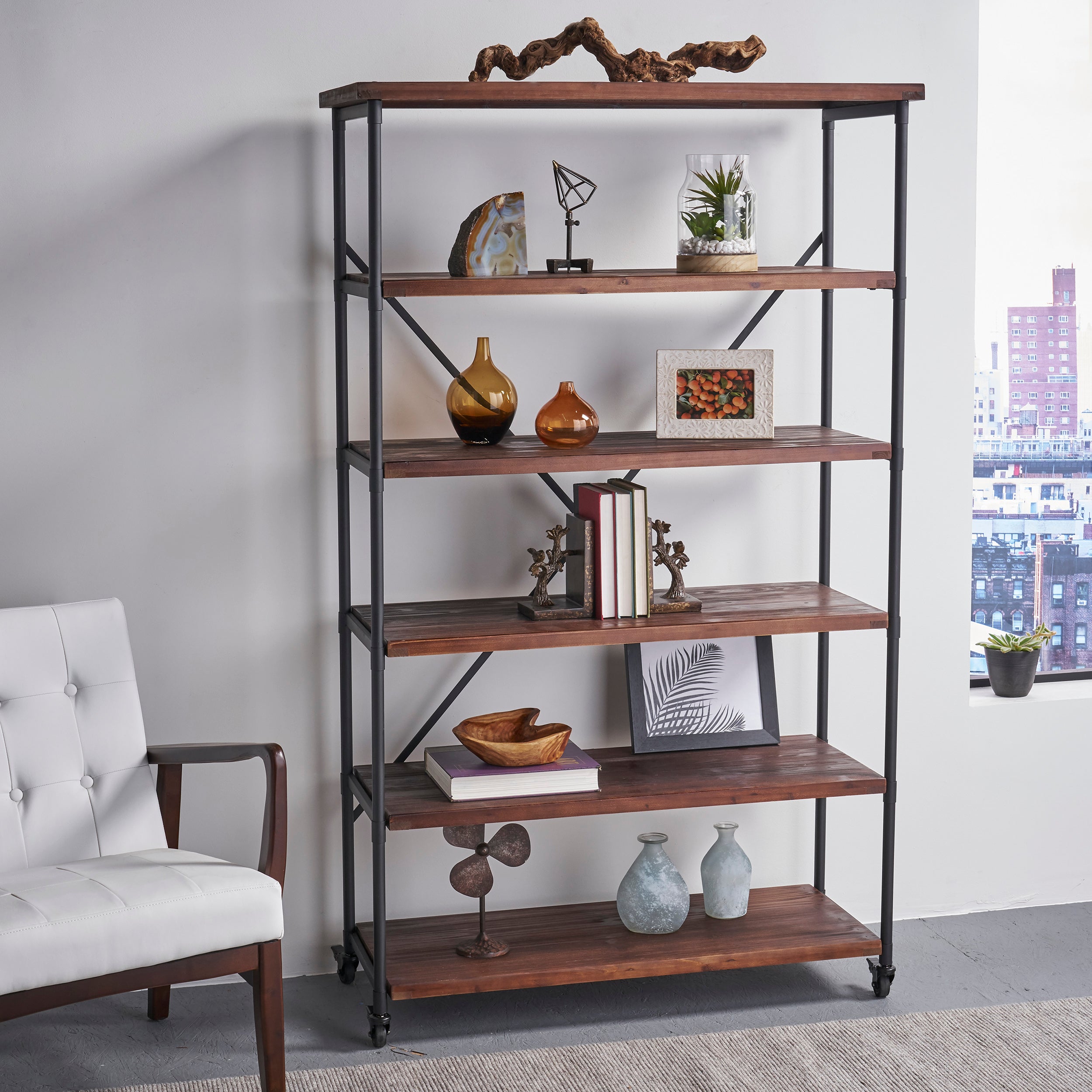 Sullivan Industrial Design 5-Shelf Etagere Bookcase On Wheels