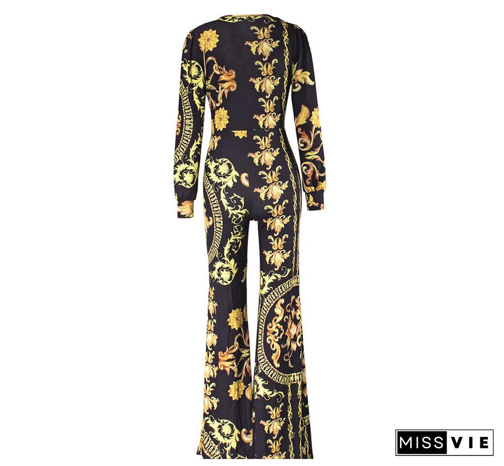 Sexy Digital Printed Deep V Long-sleeve High Waist Jumpsuit