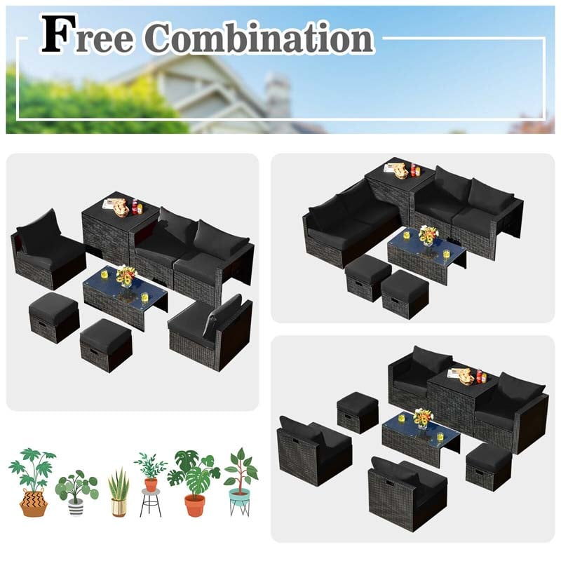 8 Pcs Rattan Wicker Outdoor Patio Furniture Sectional Sofa Set with Storage Box & Waterproof Cover