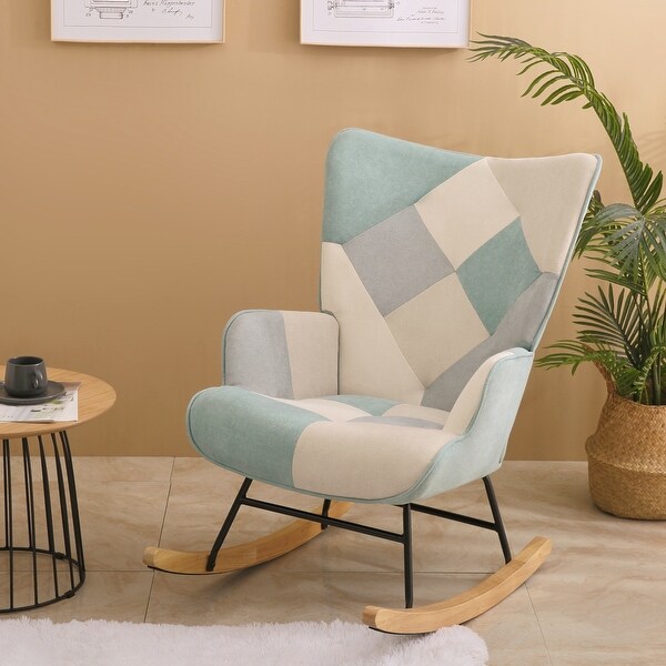 Fabric Rocker Chair with Wood Legs and Patchwork Linen