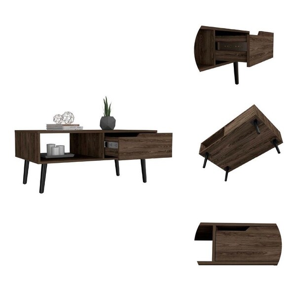 TUHOME Oslo Coffee Table with Drawer， Open Shelf， and 4 Legs