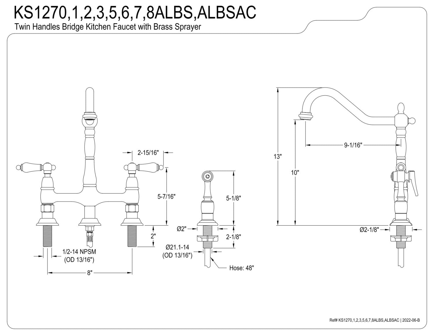 Kingston Brass KS1276ALBS Heritage Bridge Kitchen Faucet with Brass Sprayer， Polished Nickel