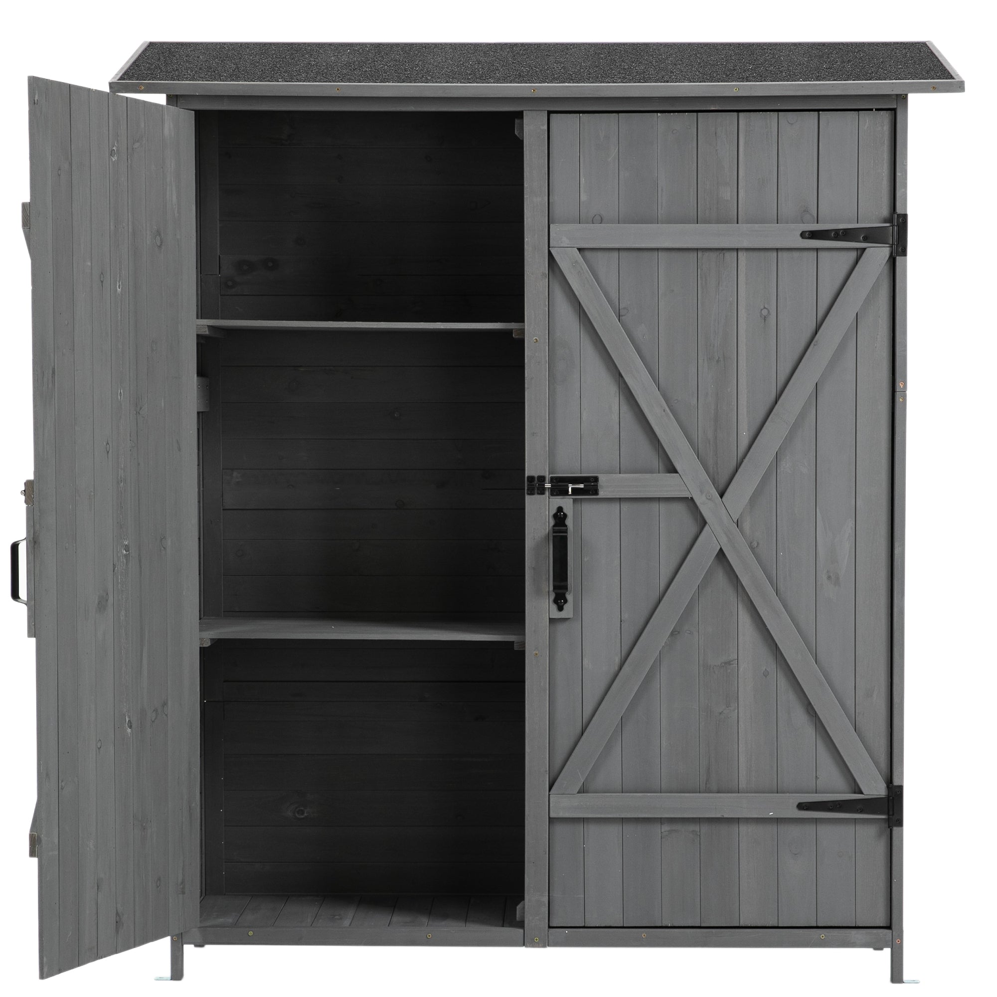 LZBEITEM 64" Wooden Outdoor Garden Storage Shed，Furniture Tool Shed Double Doors，Asphalt Roof Wood Storage Cabinet with Lock and Shelves,Gray