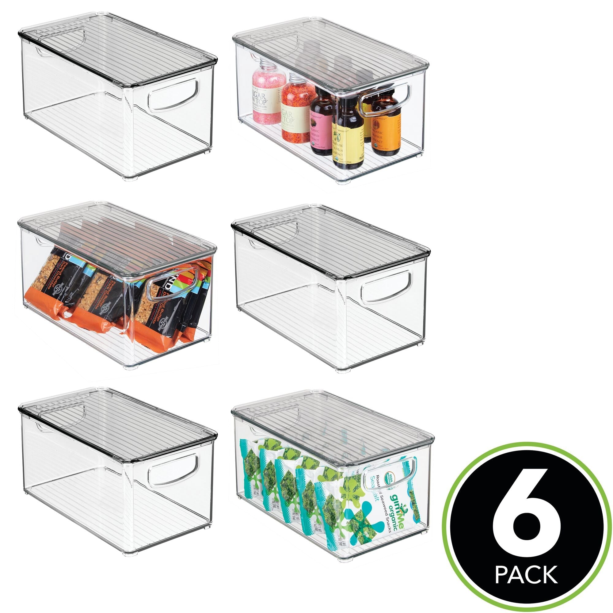 mDesign Plastic Deep Storage Bin Box Container with Lid and Built-In Handles - Organization for Fruit, Snacks, Food in Kitchen Pantry, Cabinet, or Cupboard, Ligne Collection, 6 Pack, Clear/Dark Gray