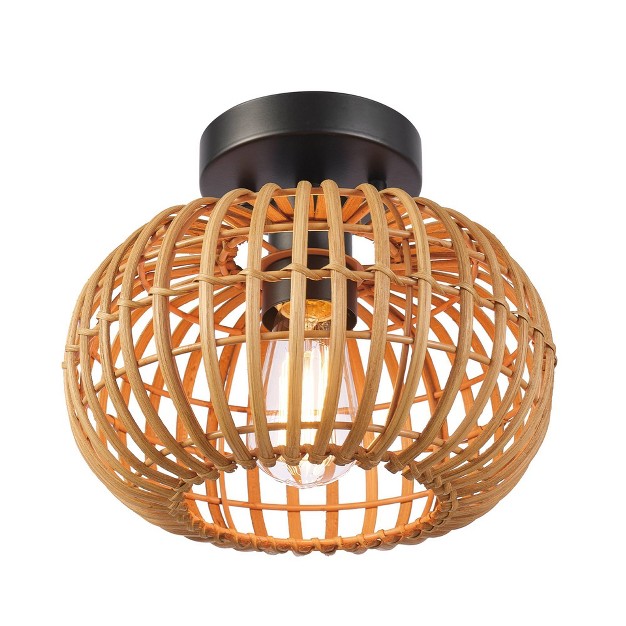 Fitz 1 light Black Flush Mount Ceiling Light With Rattan Shade Globe Electric