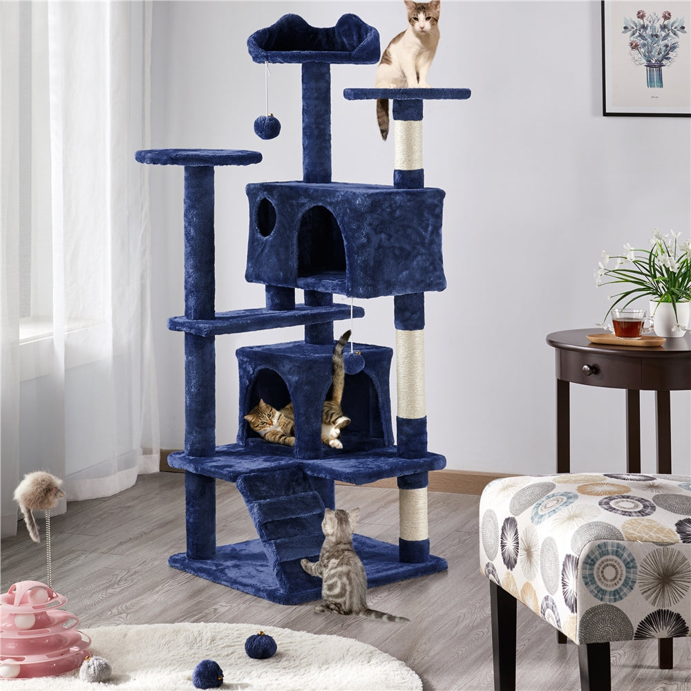 Topeakmart  54.5'' Cat Tree Condo Kitten Tree Tower Cat Kitten Scratching Tree Navy Blue