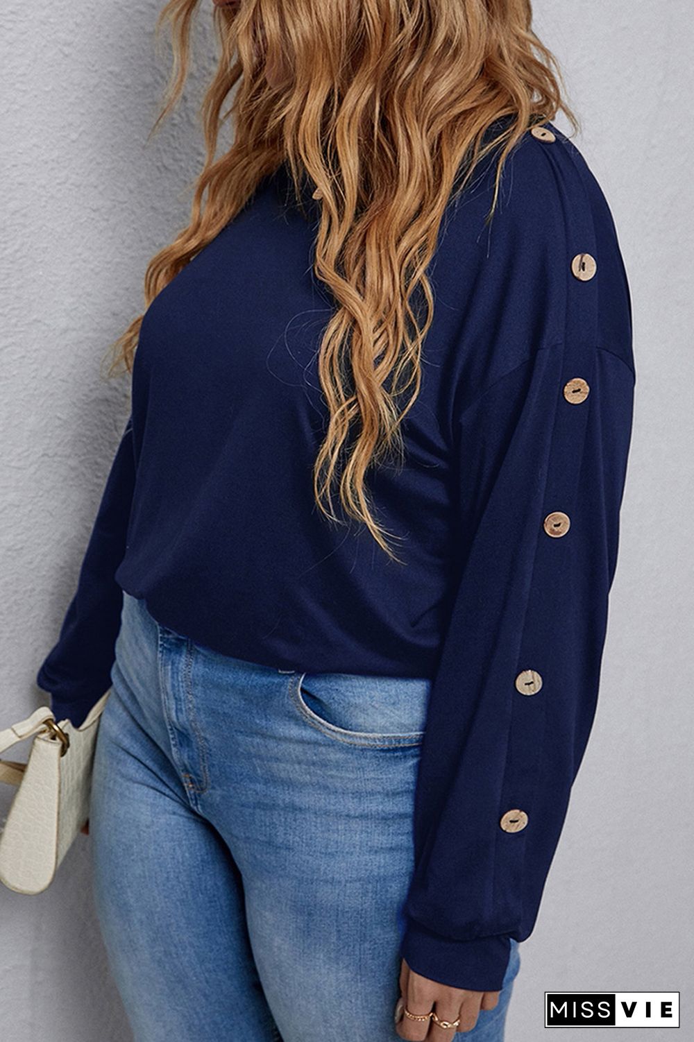 Plus Size Button Sleeve Plain Top